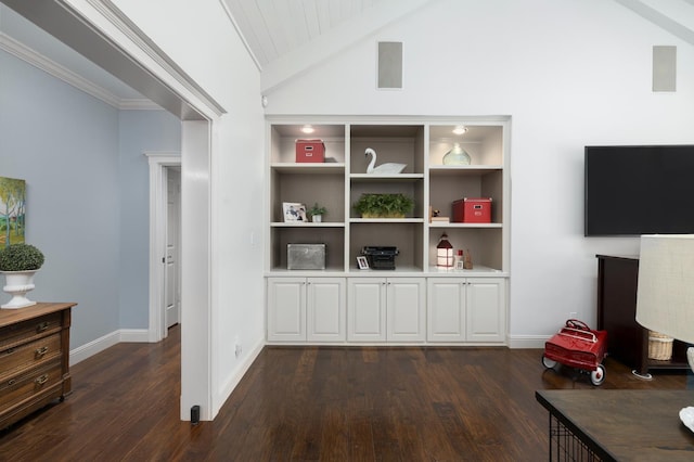 8741 E Los Altos Ave, Clovis, CA 93619 - hallway featuring vaulted ceiling, dark wood-style flooring, and baseboards