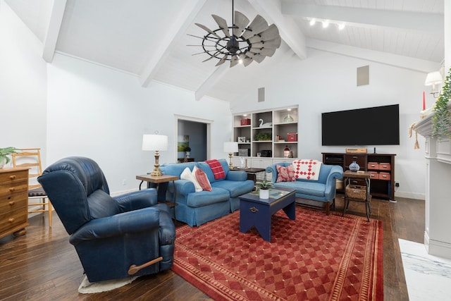 8741 E Los Altos Ave, Clovis, CA 93619 - living area with wood finished floors, beamed ceiling, a ceiling fan, baseboards, and high vaulted ceiling