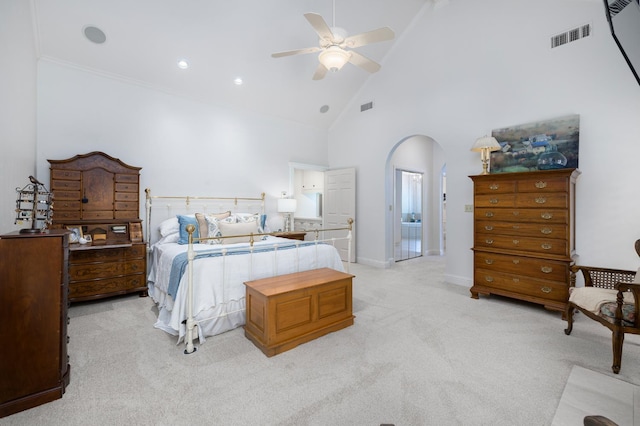 8741 E Los Altos Ave, Clovis, CA 93619 - bedroom with light colored carpet, arched walkways, high vaulted ceiling, ceiling fan, and baseboards