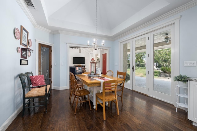 8741 E Los Altos Ave, Clovis, CA 93619 - dining room with dark wood-style floors, a chandelier, french doors, baseboards, and lofted ceiling