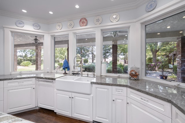 8741 E Los Altos Ave, Clovis, CA 93619 - kitchen with a sink, a ceiling fan, white cabinetry, healthy amount of natural light, and crown molding