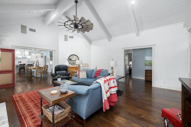 8741 E Los Altos Ave, Clovis, CA 93619 - living area featuring wood-type flooring, high vaulted ceiling, beamed ceiling, ceiling fan, and a chandelier