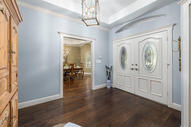 8741 E Los Altos Ave, Clovis, CA 93619 - entrance foyer with a chandelier, dark wood-style flooring, baseboards, french doors, and crown molding