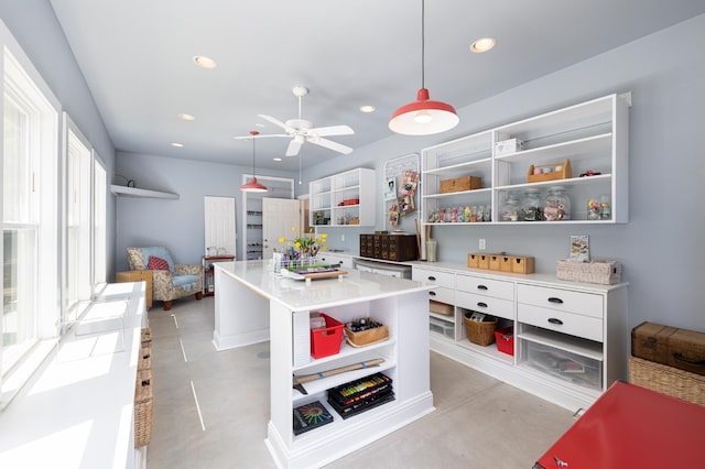 8741 E Los Altos Ave, Clovis, CA 93619 - kitchen featuring open shelves, ceiling fan, light countertops, recessed lighting, and concrete floors