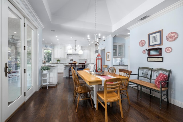 8741 E Los Altos Ave, Clovis, CA 93619 - dining space featuring a chandelier, dark wood-style flooring, ornamental molding, and recessed lighting