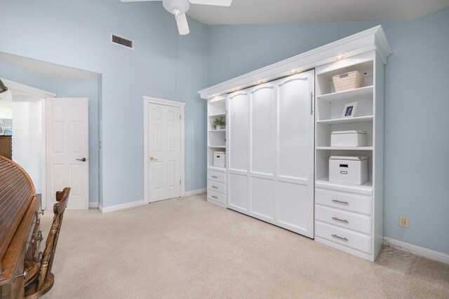 8741 E Los Altos Ave, Clovis, CA 93619 - unfurnished bedroom featuring light carpet, high vaulted ceiling, baseboards, and a ceiling fan