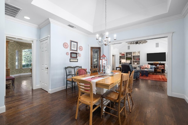 8741 E Los Altos Ave, Clovis, CA 93619 - dining room featuring a chandelier, dark wood-style floors, baseboards, recessed lighting, and crown molding