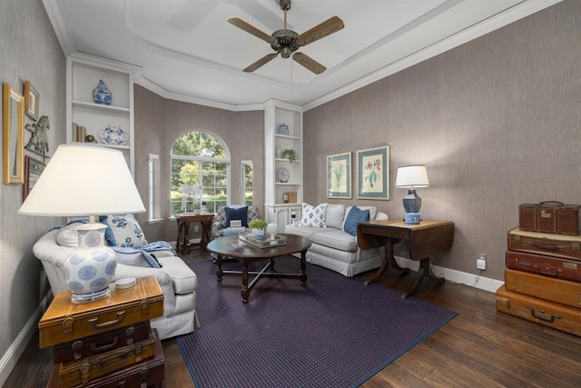 8741 E Los Altos Ave, Clovis, CA 93619 - living room featuring hardwood / wood-style floors, built in shelves, ceiling fan, baseboards, and a raised ceiling