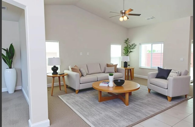 7285 W San Jose Ave, Fresno, CA 93723 - living room with a ceiling fan, baseboards, and high vaulted ceiling