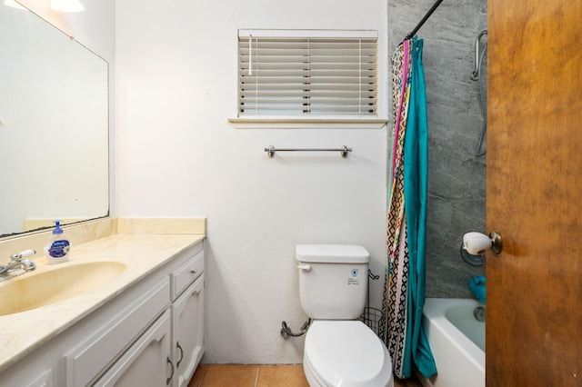 772 W Menlo Ave, Clovis, CA 93612 - bathroom featuring vanity, toilet, shower / bathtub combination with curtain, and tile patterned floors