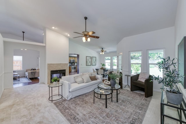 770 N Cherry Ln, Clovis, CA 93611 - living room featuring lofted ceiling, a ceiling fan, a high end fireplace, carpet flooring, and recessed lighting
