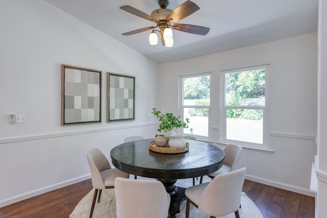 770 N Cherry Ln, Clovis, CA 93611 - dining space with vaulted ceiling, baseboards, hardwood / wood-style flooring, and ceiling fan