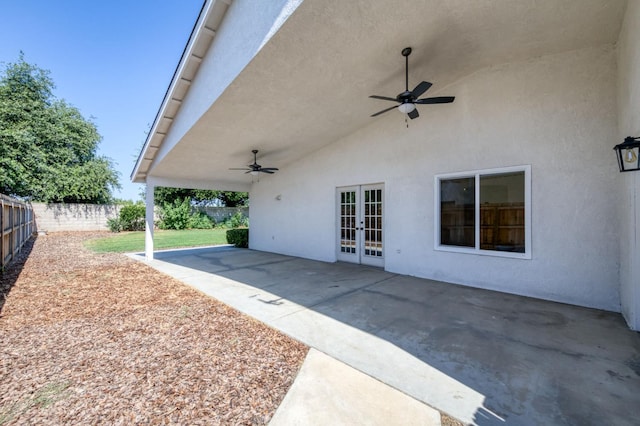 770 N Cherry Ln, Clovis, CA 93611 - fenced backyard with french doors, ceiling fan, and a patio area