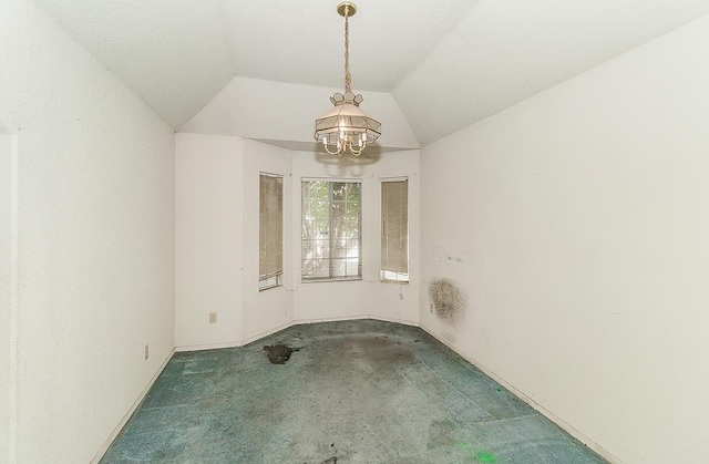 7543 N Spalding Ave, Fresno, CA 93720 - empty room with carpet flooring, a chandelier, lofted ceiling, and baseboards