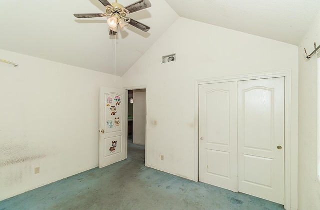 7543 N Spalding Ave, Fresno, CA 93720 - unfurnished bedroom featuring lofted ceiling, light colored carpet, a closet, and ceiling fan