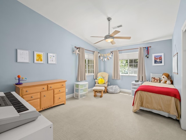 811 E Country View Cir, Fresno, CA 93730 - bedroom featuring light carpet, vaulted ceiling, and a ceiling fan