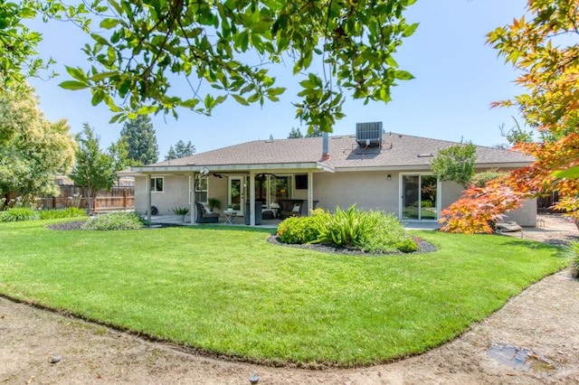 1758 Ash Ave, Clovis, CA 93611 - rear view of house featuring stucco siding, a ceiling fan, a patio, cooling unit, and a shingled roof