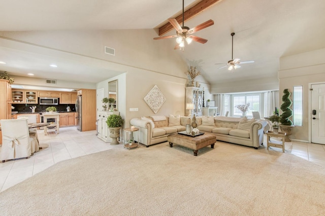 1758 Ash Ave, Clovis, CA 93611 - living area with light tile patterned floors, ceiling fan, high vaulted ceiling, beam ceiling, and recessed lighting