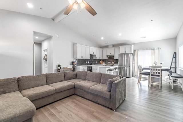 22375 Fairmead Cir, Chowchilla, CA 93610 - living room featuring ceiling fan, light wood-type flooring, wine cooler, and recessed lighting