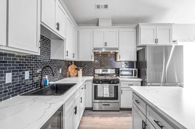 22375 Fairmead Cir, Chowchilla, CA 93610 - kitchen featuring appliances with stainless steel finishes, under cabinet range hood, backsplash, and light wood-type flooring