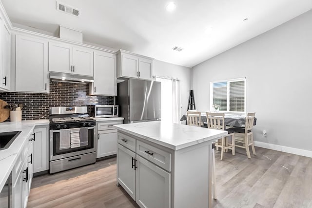 22375 Fairmead Cir, Chowchilla, CA 93610 - kitchen with stainless steel appliances, under cabinet range hood, vaulted ceiling, decorative backsplash, and light wood-style floors