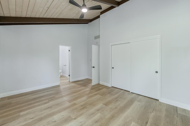 1904 S Fairway Ave, Fresno, CA 93727 - unfurnished bedroom featuring wood finished floors, baseboards, a closet, wood ceiling with exposed beams, and a ceiling fan
