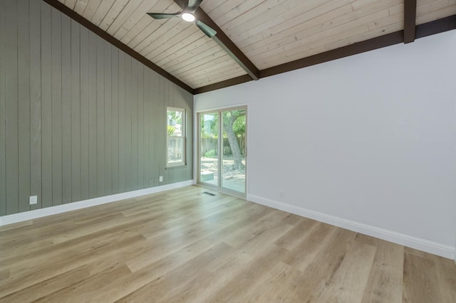 1904 S Fairway Ave, Fresno, CA 93727 - empty room with baseboards, wooden ceiling, a ceiling fan, wood finished floors, and wooden walls