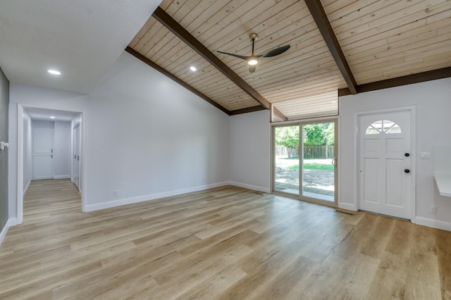 1904 S Fairway Ave, Fresno, CA 93727 - unfurnished living room featuring wood ceiling, ceiling fan, baseboards, and light wood finished floors