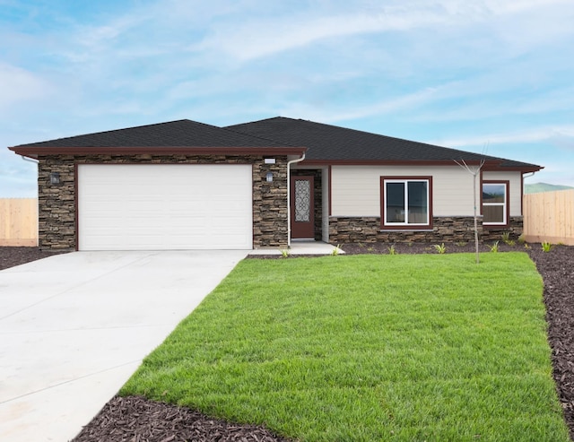 1026 N Walnut St, Woodlake, CA 93286 - ranch-style house featuring stone siding, an attached garage, driveway, and roof with shingles