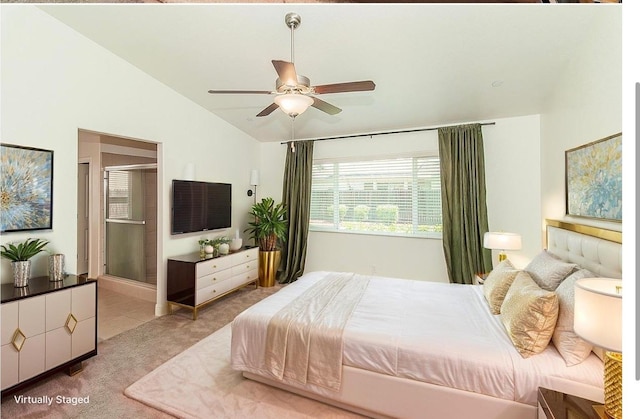 461 S Cascade Way, Madera, CA 93636 - bedroom with vaulted ceiling, light carpet, and a ceiling fan