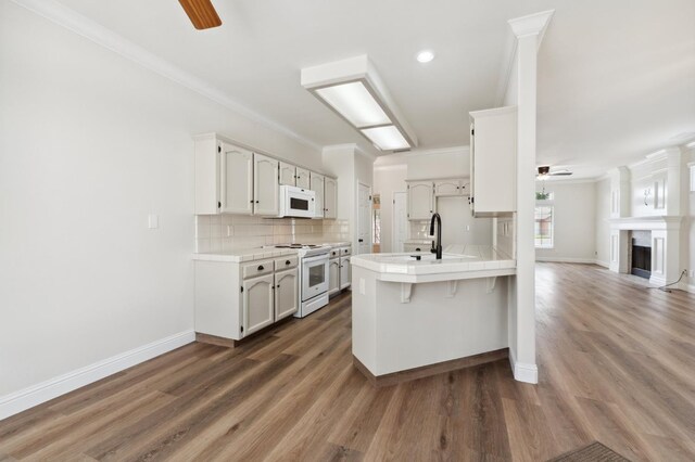 2261 Magill Ave, Clovis, CA 93611 - kitchen with white appliances, tile counters, a ceiling fan, crown molding, and tasteful backsplash