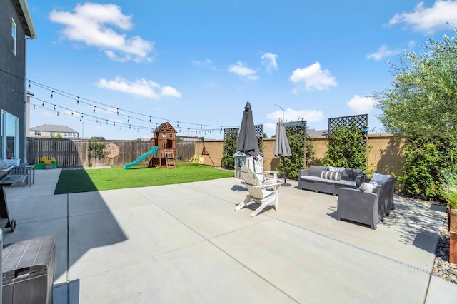 827 Vintage Ave, Clovis, CA 93619 - fenced backyard with an outdoor hangout area, a patio area, and a playground