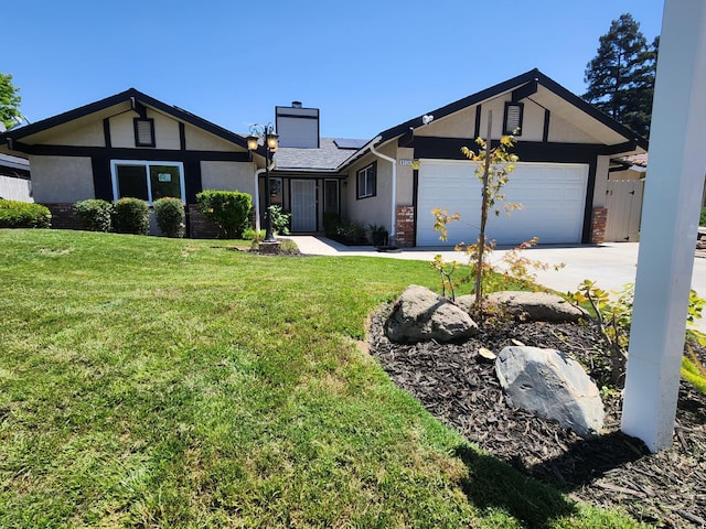 6536 N Tracy Ave, Fresno, CA 93722 - view of front of home featuring a chimney, roof mounted solar panels, a garage, and a front lawn