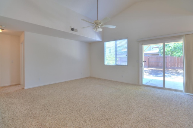 2062 Dunbar Way, Dinuba, CA 93618 - carpeted empty room featuring a ceiling fan and high vaulted ceiling