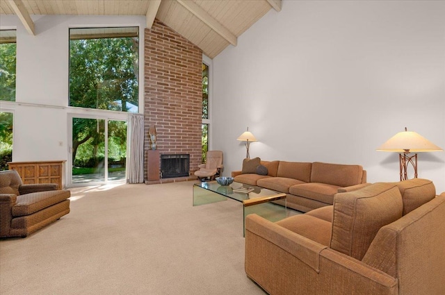 5532 N El Adobe Dr, Fresno, CA 93711 - carpeted living area featuring high vaulted ceiling, a fireplace, and beamed ceiling