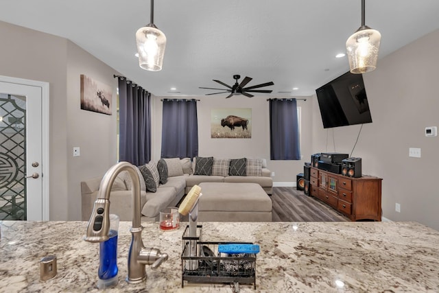 1160 Summit Ct, Madera, CA 93638 - living room with ceiling fan, wood finished floors, and recessed lighting
