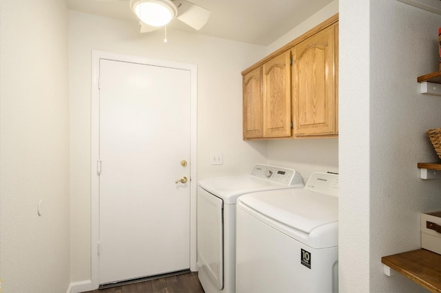 841 Whittier Ave, Clovis, CA 93611 - washroom with cabinet space, washing machine and dryer, dark wood-style flooring, and a ceiling fan