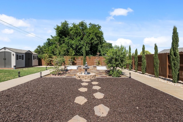 17 Medieval, Merced, CA 95341 - fenced backyard with a storage shed and a patio area