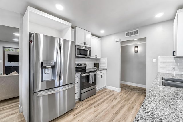 42 W Rall Ave, Clovis, CA 93612 - kitchen featuring appliances with stainless steel finishes, backsplash, white cabinetry, light wood-style floors, and recessed lighting