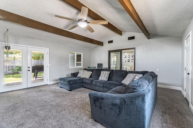 42 W Rall Ave, Clovis, CA 93612 - living room featuring a textured ceiling, carpet floors, french doors, and a ceiling fan