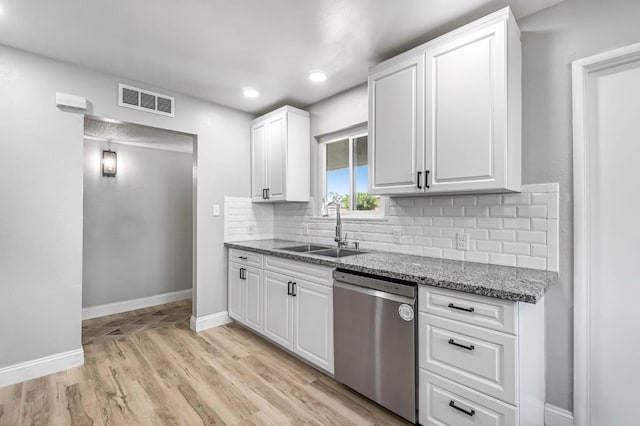 42 W Rall Ave, Clovis, CA 93612 - kitchen featuring stainless steel dishwasher, tasteful backsplash, white cabinetry, light stone counters, and light wood-style floors