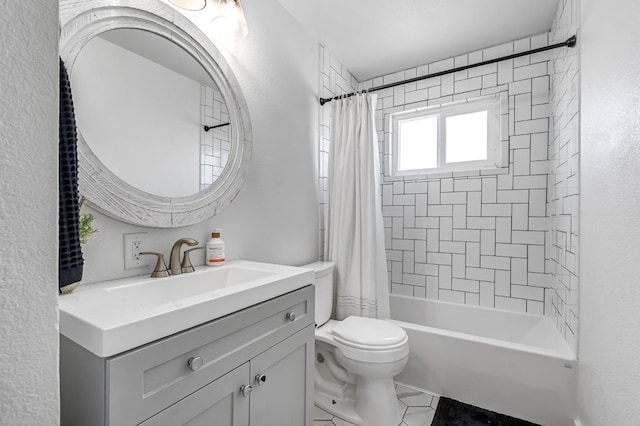 42 W Rall Ave, Clovis, CA 93612 - full bathroom featuring vanity, shower / bathtub combination with curtain, tile patterned flooring, and a textured wall