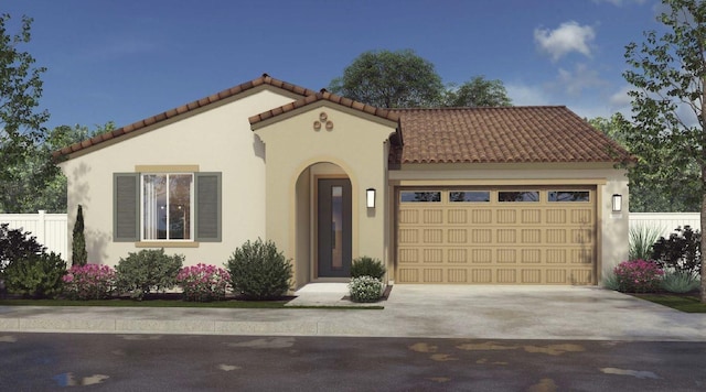 1473 Bloom Ln, Clovis, CA 93619 - mediterranean / spanish-style home with an attached garage, driveway, a tiled roof, and stucco siding