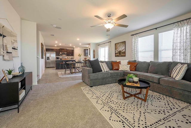 2018 Catherine Ave Unit 2043S, Sanger, CA 93657 - living area with ceiling fan, light tile patterned floors, recessed lighting, and light carpet