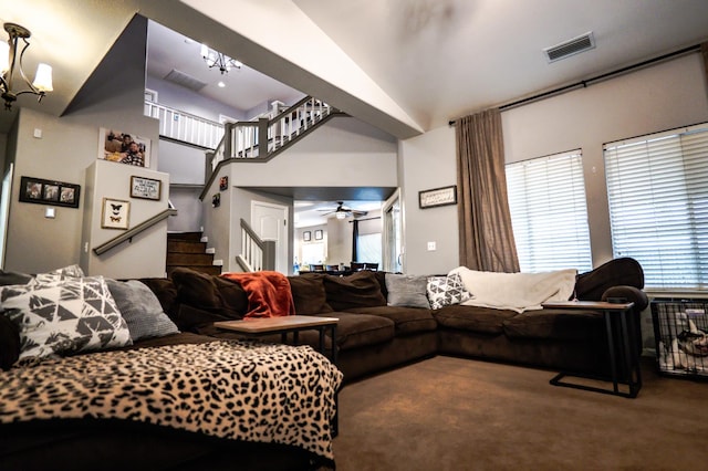 10080 N Dearing Ave, Fresno, CA 93730 - living room with stairway, carpet floors, a chandelier, and ceiling fan