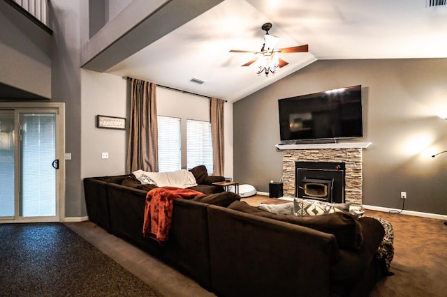 10080 N Dearing Ave, Fresno, CA 93730 - carpeted living area featuring a ceiling fan, a fireplace, and lofted ceiling