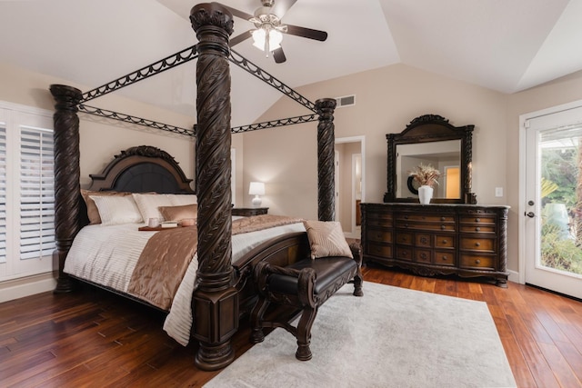 1199 E Cole Ave, Fresno, CA 93720 - bedroom with lofted ceiling, hardwood / wood-style floors, access to exterior, and a ceiling fan