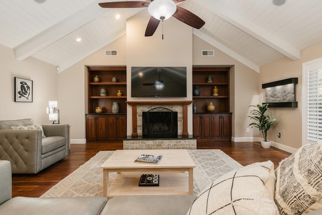 1199 E Cole Ave, Fresno, CA 93720 - living area featuring ceiling fan, a brick fireplace, wood finished floors, recessed lighting, and wooden ceiling