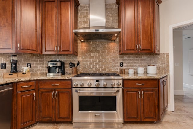1199 E Cole Ave, Fresno, CA 93720 - kitchen with stainless steel appliances, wall chimney exhaust hood, backsplash, and light stone countertops