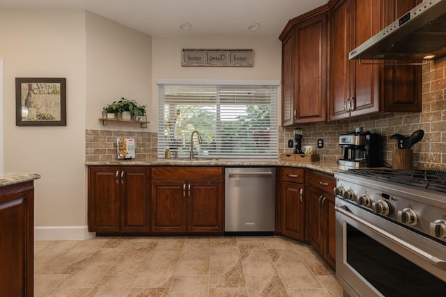 1199 E Cole Ave, Fresno, CA 93720 - kitchen featuring appliances with stainless steel finishes, range hood, backsplash, and light stone countertops